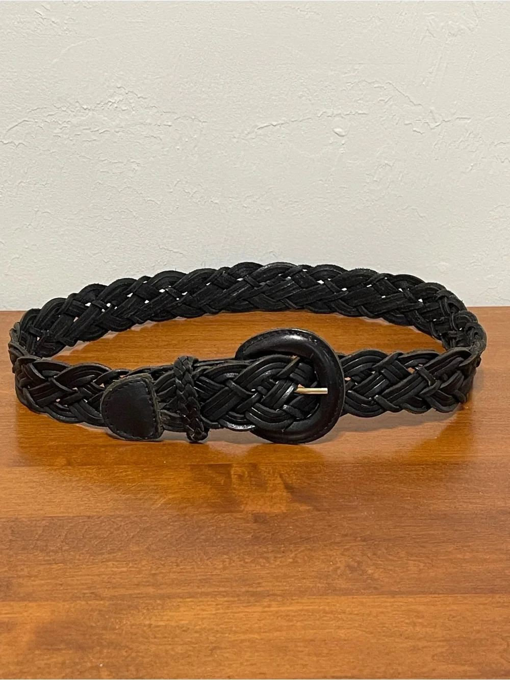 Vintage Fossil Black Woven Braided Leather Belt Leather Wrapped Buckle Size L